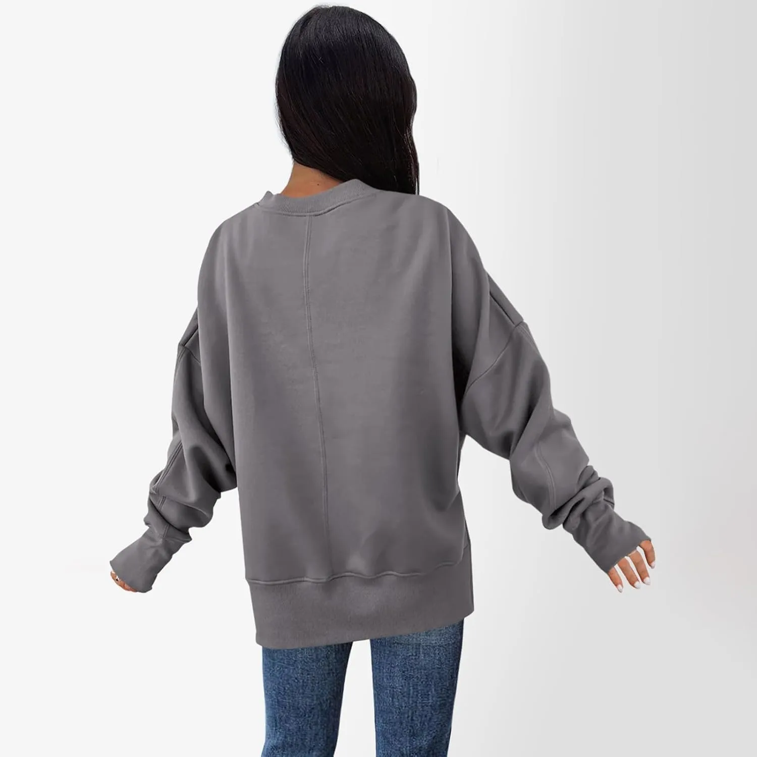 Sweaters for Women Oversized Sweatshirt Side Split Crewneck Pullover Hoodie with Thumb Hole