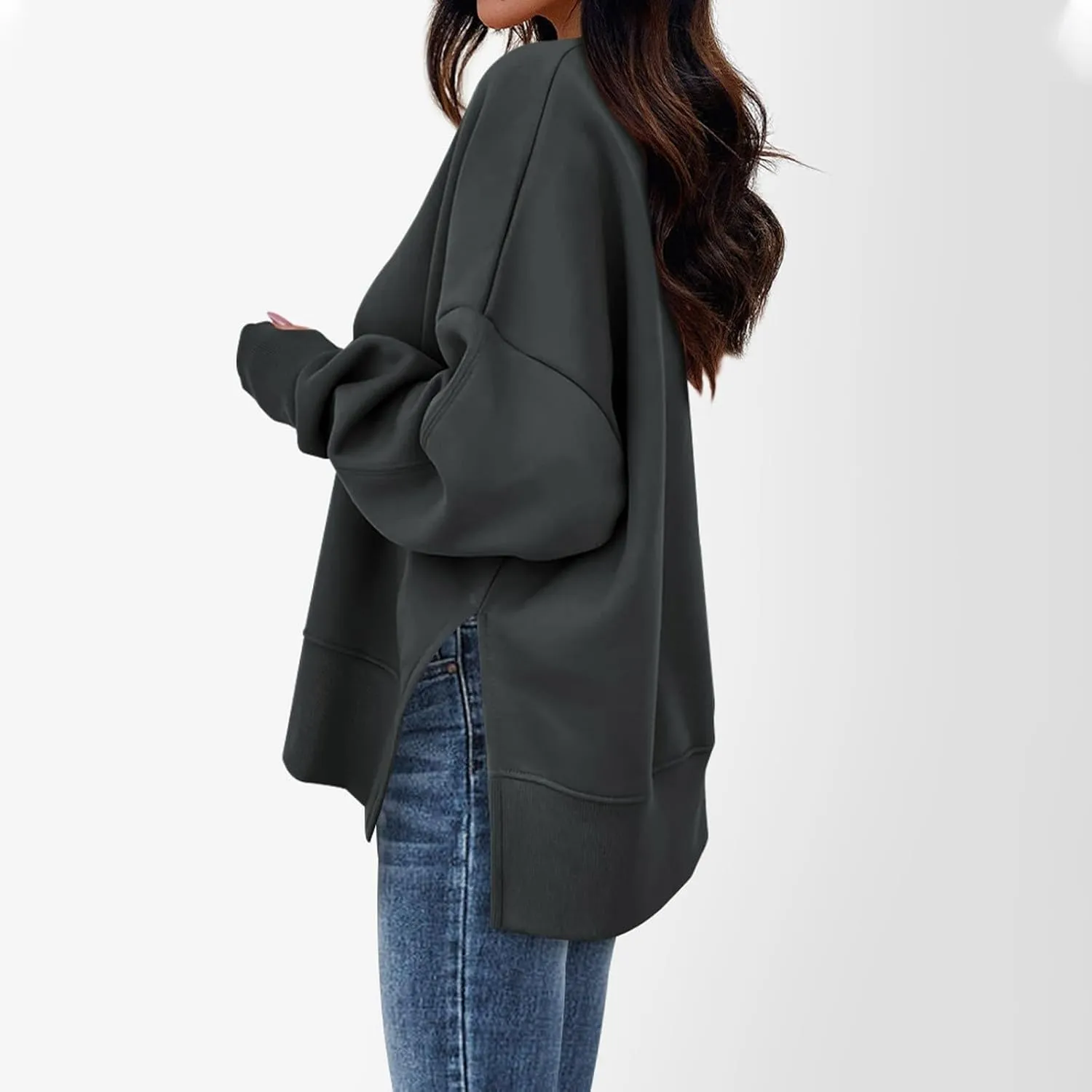Sweaters for Women Oversized Sweatshirt Side Split Crewneck Pullover Hoodie with Thumb Hole