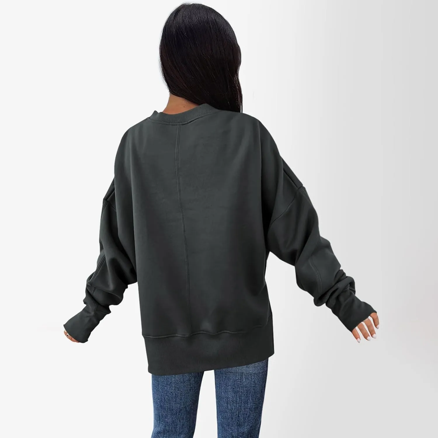 Sweaters for Women Oversized Sweatshirt Side Split Crewneck Pullover Hoodie with Thumb Hole
