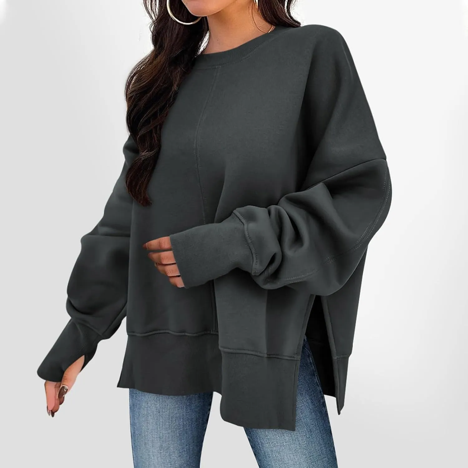 Sweaters for Women Oversized Sweatshirt Side Split Crewneck Pullover Hoodie with Thumb Hole