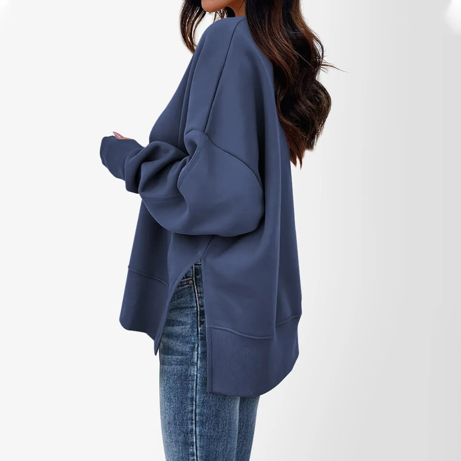 Sweaters for Women Oversized Sweatshirt Side Split Crewneck Pullover Hoodie with Thumb Hole