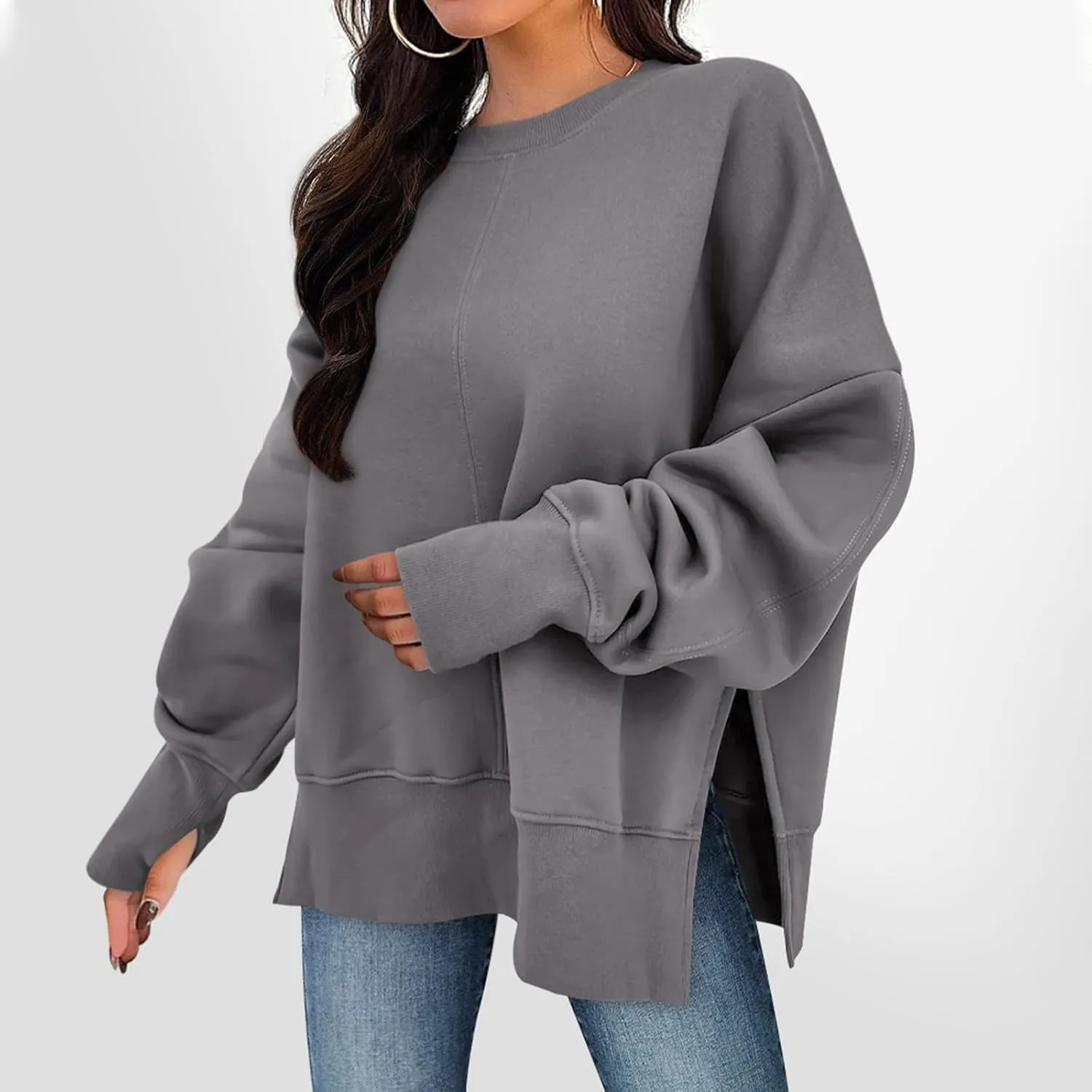Sweaters for Women Oversized Sweatshirt Side Split Crewneck Pullover Hoodie with Thumb Hole