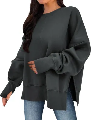 Sweaters for Women Oversized Sweatshirt Side Split Crewneck Pullover Hoodie with Thumb Hole