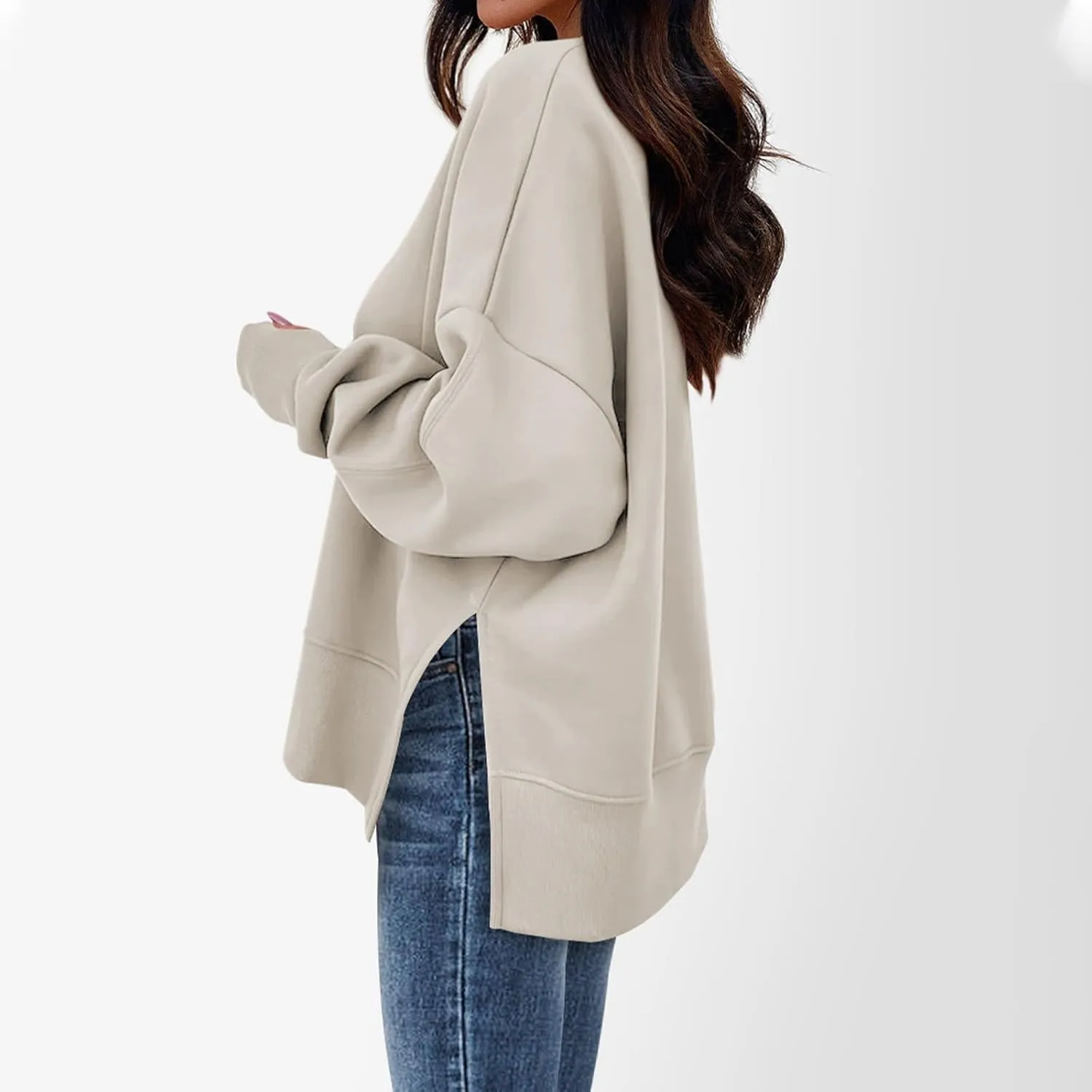 Sweaters for Women Oversized Sweatshirt Side Split Crewneck Pullover Hoodie with Thumb Hole