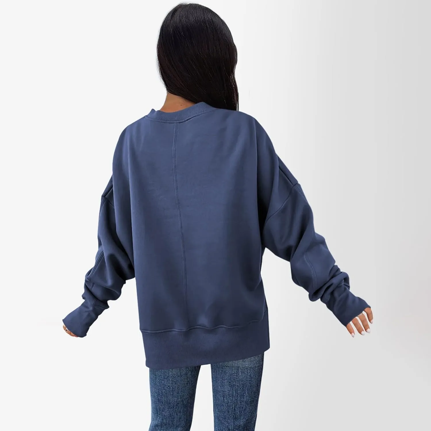 Sweaters for Women Oversized Sweatshirt Side Split Crewneck Pullover Hoodie with Thumb Hole