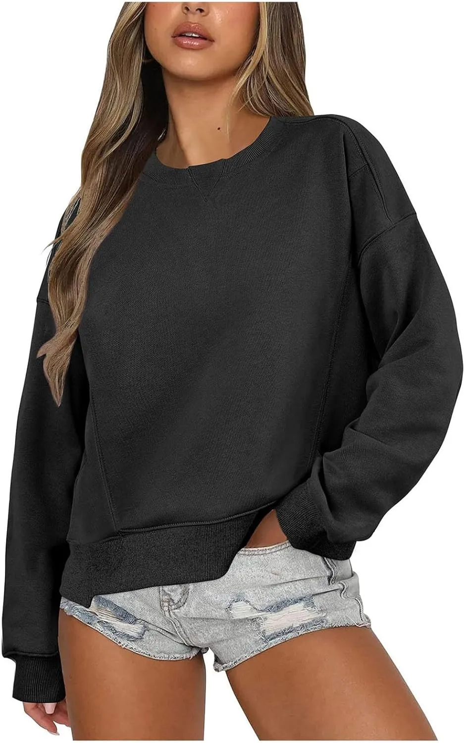 Sweatshirt for Women Trendy Solid Color Long Sleeve Pullover Crewneck Cropped Sweatshirts Casual Tops Fall Clothes