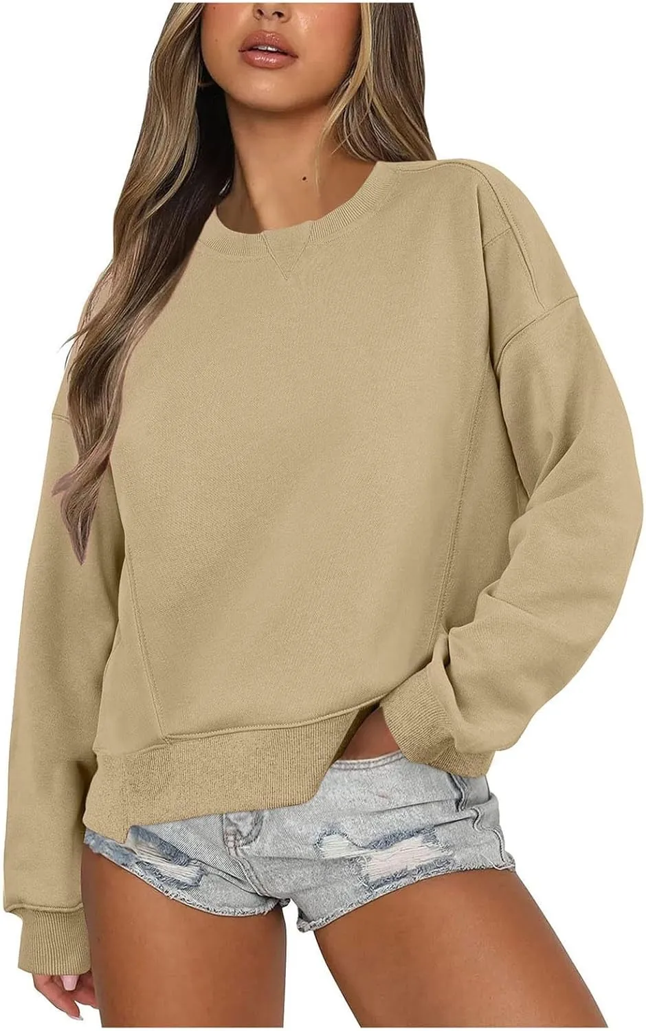 Sweatshirt for Women Trendy Solid Color Long Sleeve Pullover Crewneck Cropped Sweatshirts Casual Tops Fall Clothes