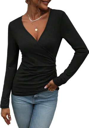 SweatyRocks Women's Casual Long Sleeve Wrap Ruched Tee Top V Neck Button Detail Slim Fit Casual Pullover T Shirt Tops
