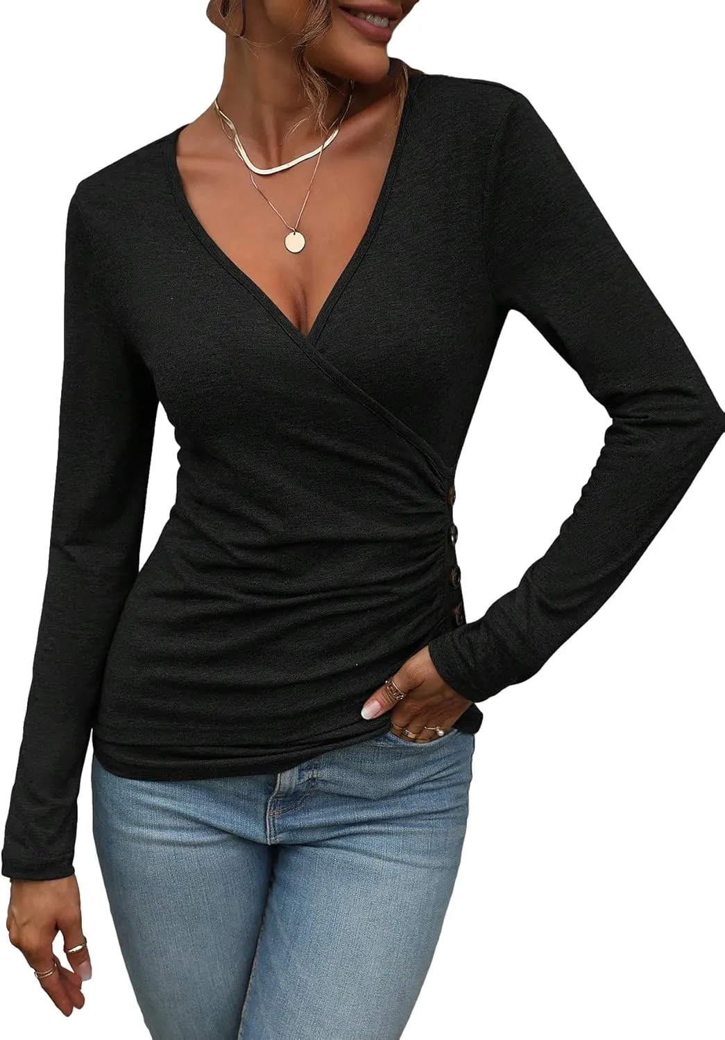 SweatyRocks Women's Casual Long Sleeve Wrap Ruched Tee Top V Neck Button Detail Slim Fit Casual Pullover T Shirt Tops
