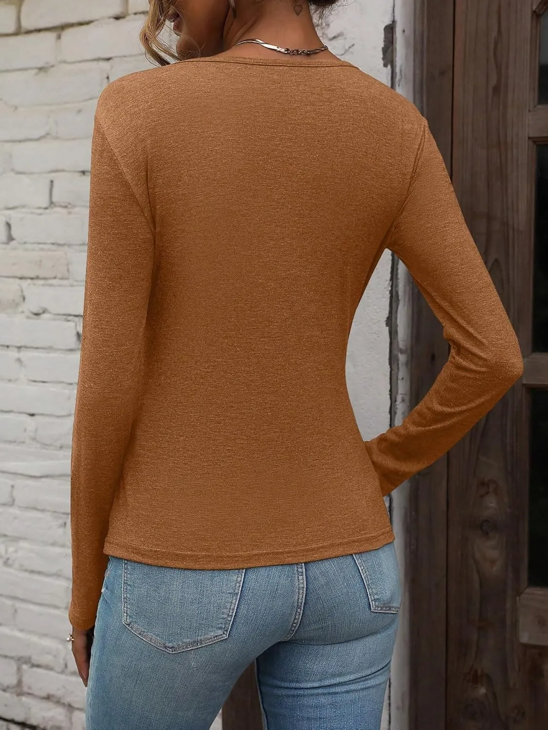 SweatyRocks Women's Casual Long Sleeve Wrap Ruched Tee Top V Neck Button Detail Slim Fit Casual Pullover T Shirt Tops