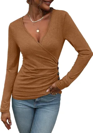 SweatyRocks Women's Casual Long Sleeve Wrap Ruched Tee Top V Neck Button Detail Slim Fit Casual Pullover T Shirt Tops