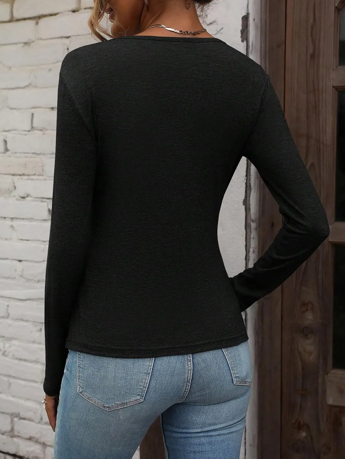 SweatyRocks Women's Casual Long Sleeve Wrap Ruched Tee Top V Neck Button Detail Slim Fit Casual Pullover T Shirt Tops