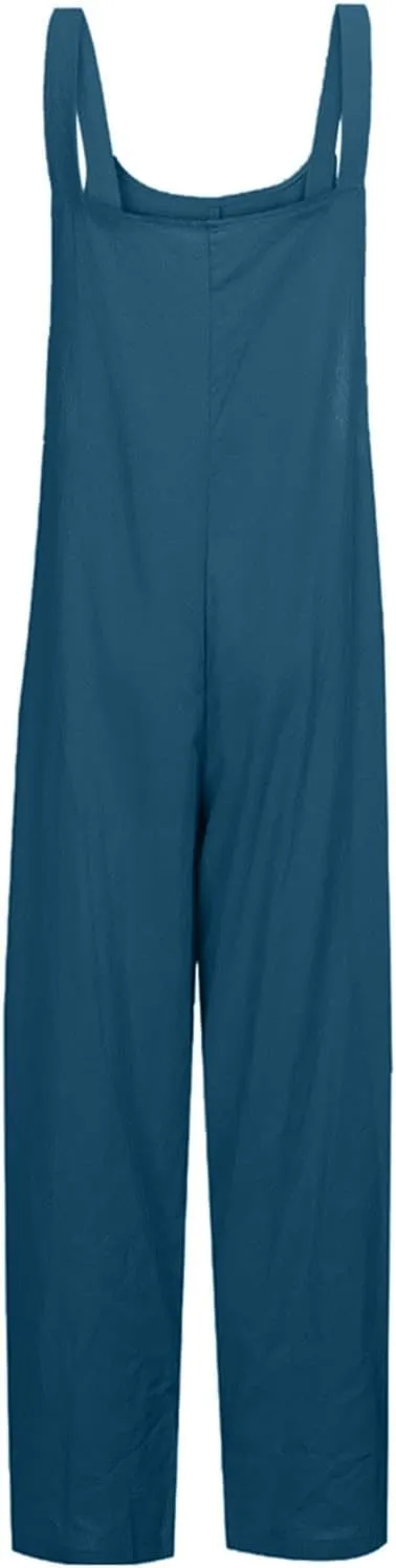 TANGNADE Summer Cotton Linen Overalls for Women Loose Fit Plus Size Boho Jumpsuits Baggy Comfy Romper with Pockets