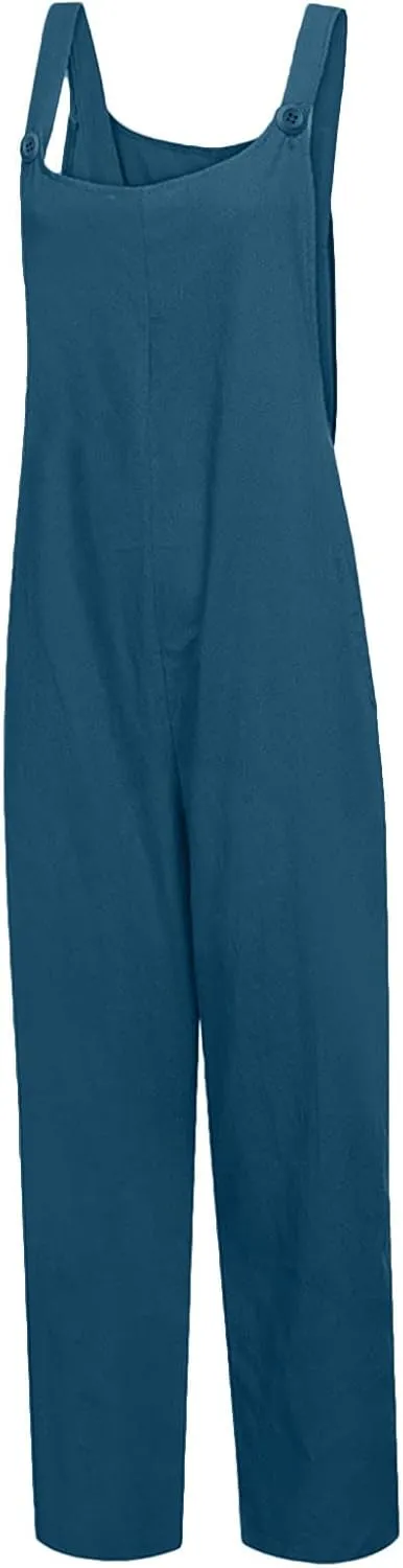 TANGNADE Summer Cotton Linen Overalls for Women Loose Fit Plus Size Boho Jumpsuits Baggy Comfy Romper with Pockets