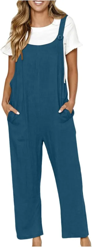TANGNADE Summer Cotton Linen Overalls for Women Loose Fit Plus Size Boho Jumpsuits Baggy Comfy Romper with Pockets
