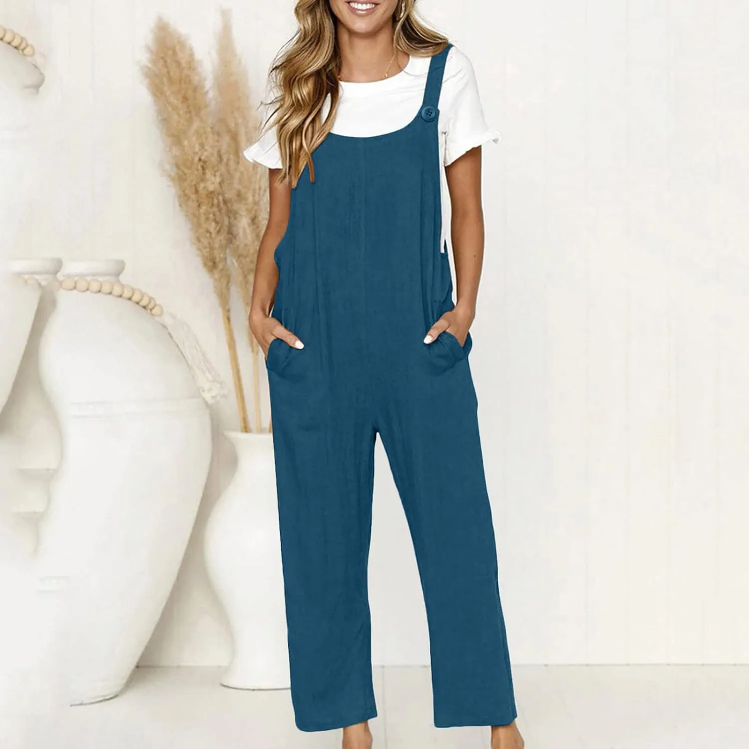 TANGNADE Summer Cotton Linen Overalls for Women Loose Fit Plus Size Boho Jumpsuits Baggy Comfy Romper with Pockets