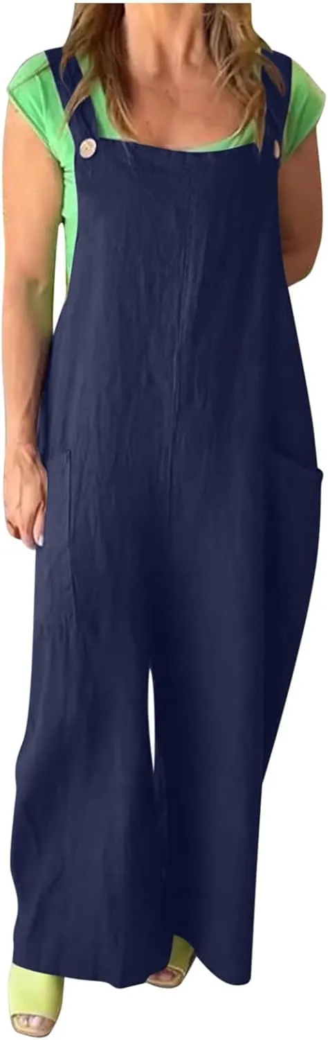 TANGNADE Womens Rompers for Summer Vacation Casual Overalls Sleeveless Loose Wide Leg Long Jumpsuits Work Outfits