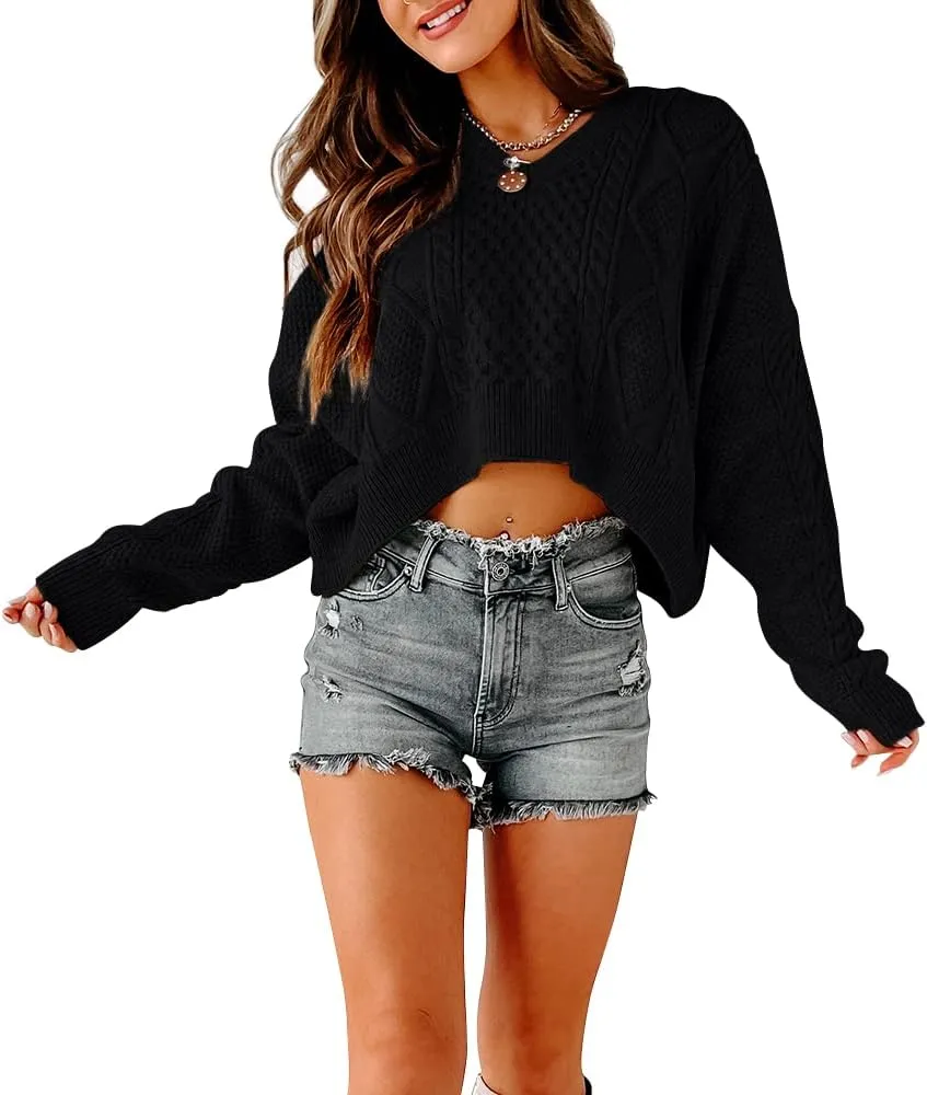 Tankaneo Women's V Neck Cropped Sweater Long Sleeve Crop Top Cable Knit Oversized Pullover Sweater