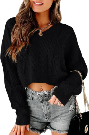 Tankaneo Women's V Neck Cropped Sweater Long Sleeve Crop Top Cable Knit Oversized Pullover Sweater