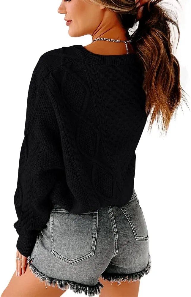 Tankaneo Women's V Neck Cropped Sweater Long Sleeve Crop Top Cable Knit Oversized Pullover Sweater