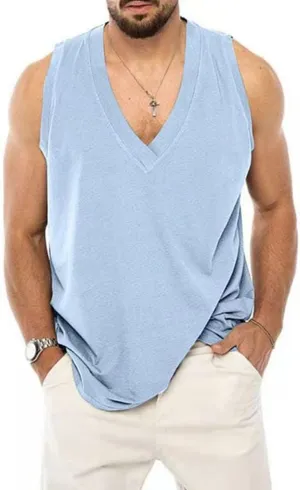 utcoco Men's Cotton Linen Tank Top Solid Color V-Neck Cut Off Tee Summer Beach Sleeveless Shirts for Men