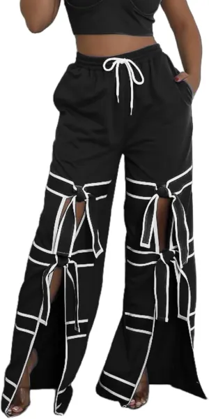 Vaceky Bow Tie Sweatpants Women Wide Leg Split Flowy Casual Trouser Pants