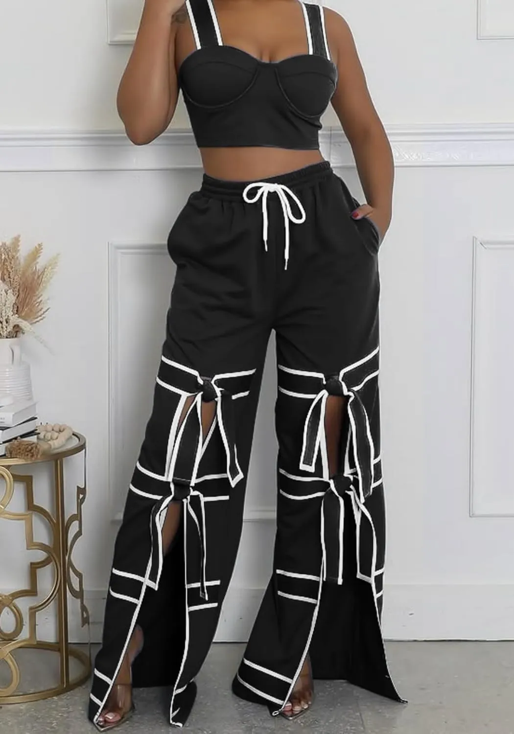 Vaceky Bow Tie Sweatpants Women Wide Leg Split Flowy Casual Trouser Pants