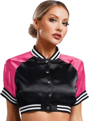 Vxuxlje Women's Short Sleeve Satin Bomber Jacket Striped Edge Button Down Cropped Varsity Jacket
