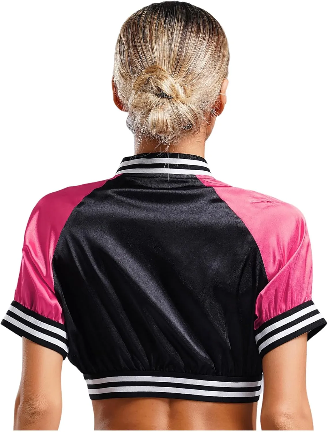 Vxuxlje Women's Short Sleeve Satin Bomber Jacket Striped Edge Button Down Cropped Varsity Jacket