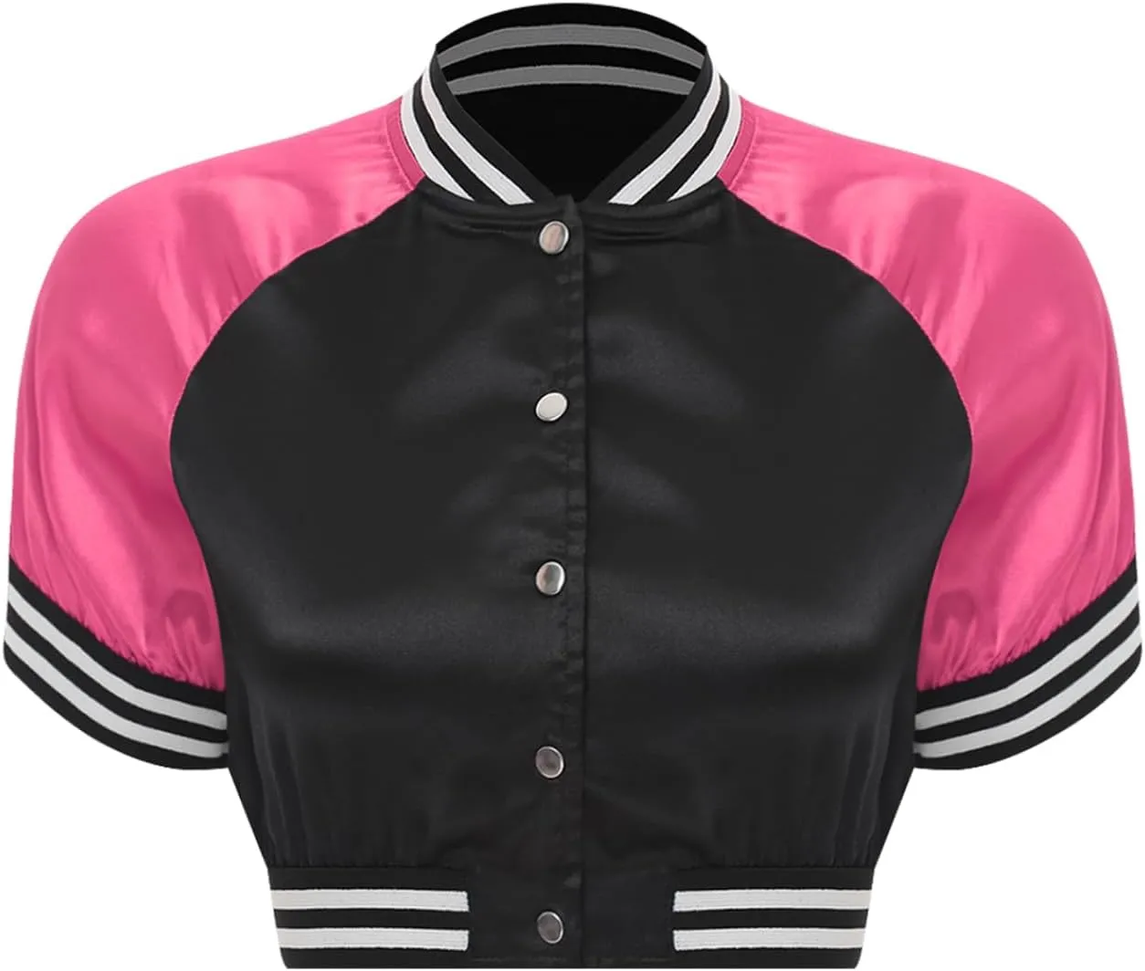 Vxuxlje Women's Short Sleeve Satin Bomber Jacket Striped Edge Button Down Cropped Varsity Jacket