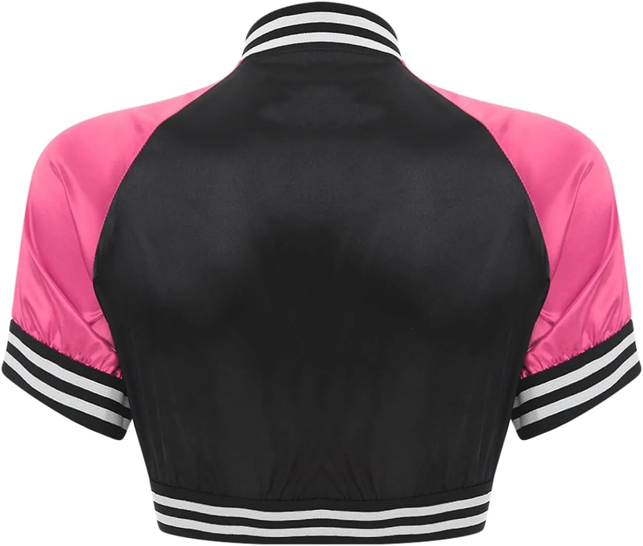 Vxuxlje Women's Short Sleeve Satin Bomber Jacket Striped Edge Button Down Cropped Varsity Jacket