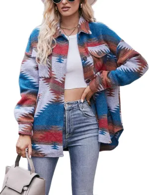 Wanzetaly Womens Aztec Shacket Jacket Wool Blend Vintage Button Down Long Sleeve Shirts Coat