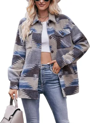 Wanzetaly Womens Aztec Shacket Jacket Wool Blend Vintage Button Down Long Sleeve Shirts Coat