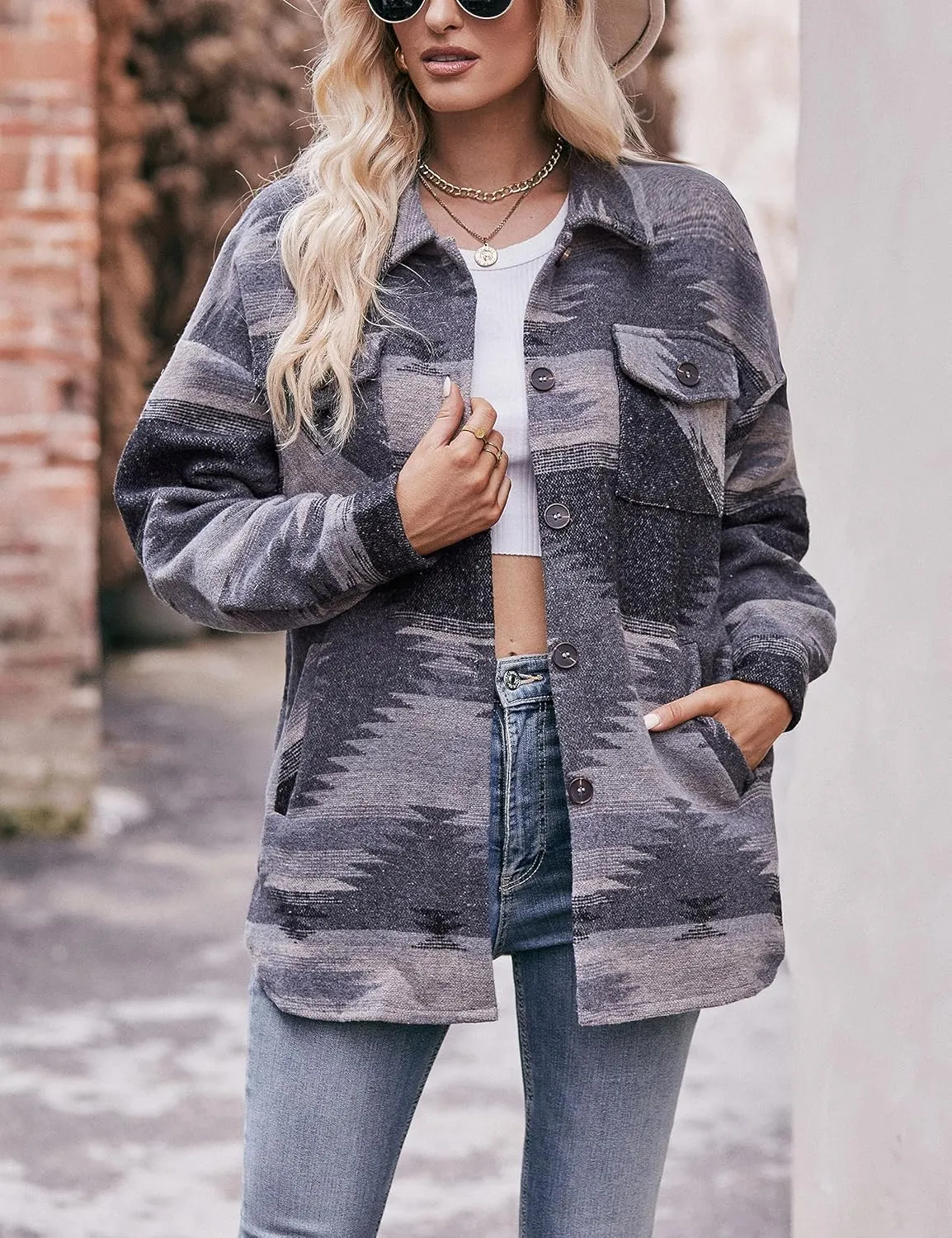 Wanzetaly Womens Aztec Shacket Jacket Wool Blend Vintage Button Down Long Sleeve Shirts Coat
