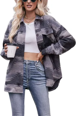 Wanzetaly Womens Aztec Shacket Jacket Wool Blend Vintage Button Down Long Sleeve Shirts Coat