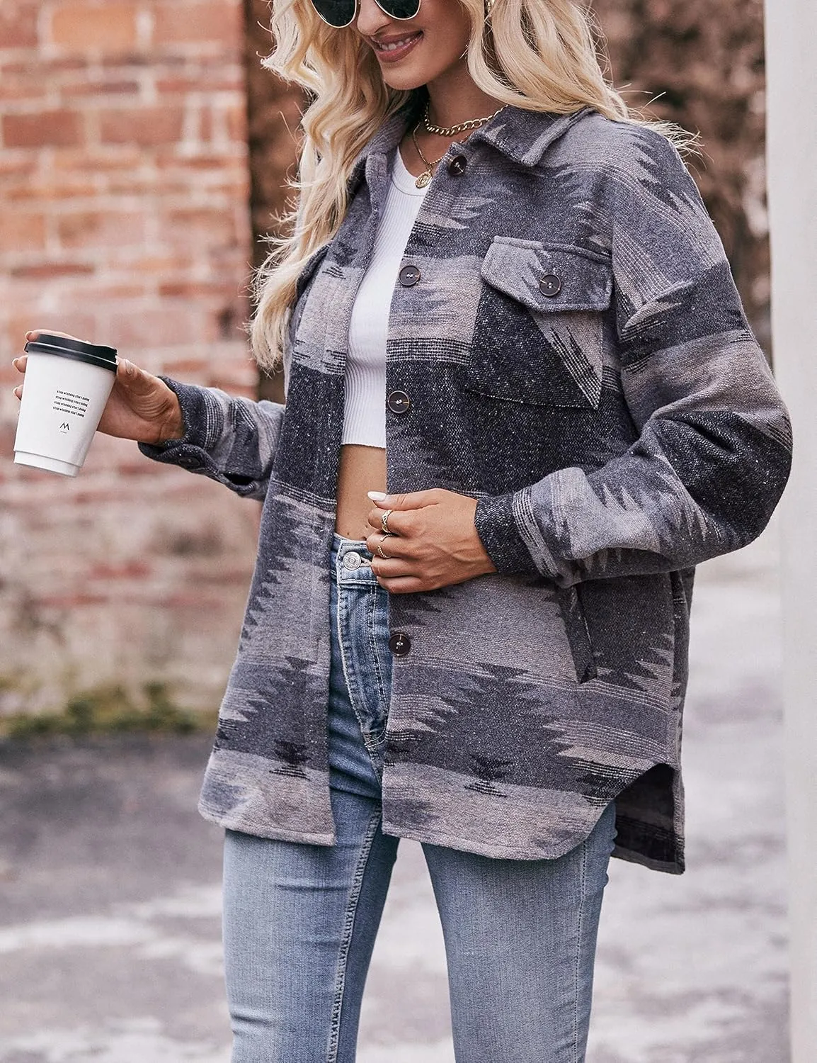Wanzetaly Womens Aztec Shacket Jacket Wool Blend Vintage Button Down Long Sleeve Shirts Coat