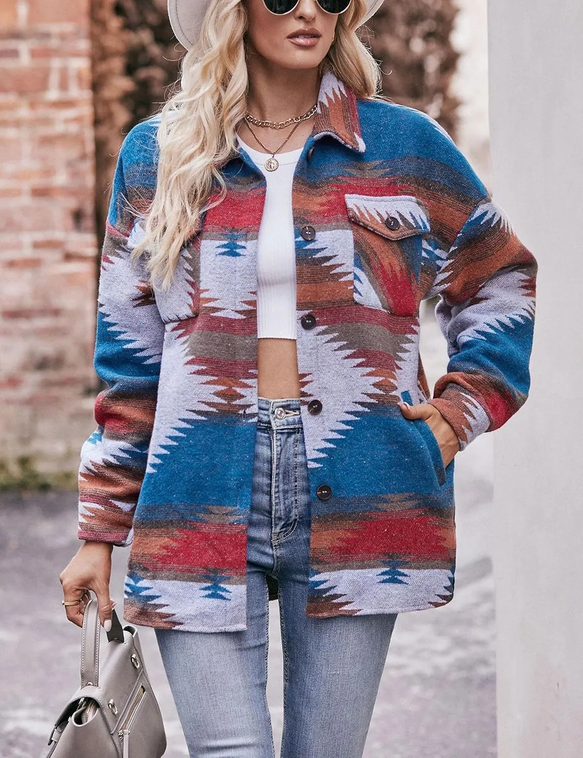 Wanzetaly Womens Aztec Shacket Jacket Wool Blend Vintage Button Down Long Sleeve Shirts Coat