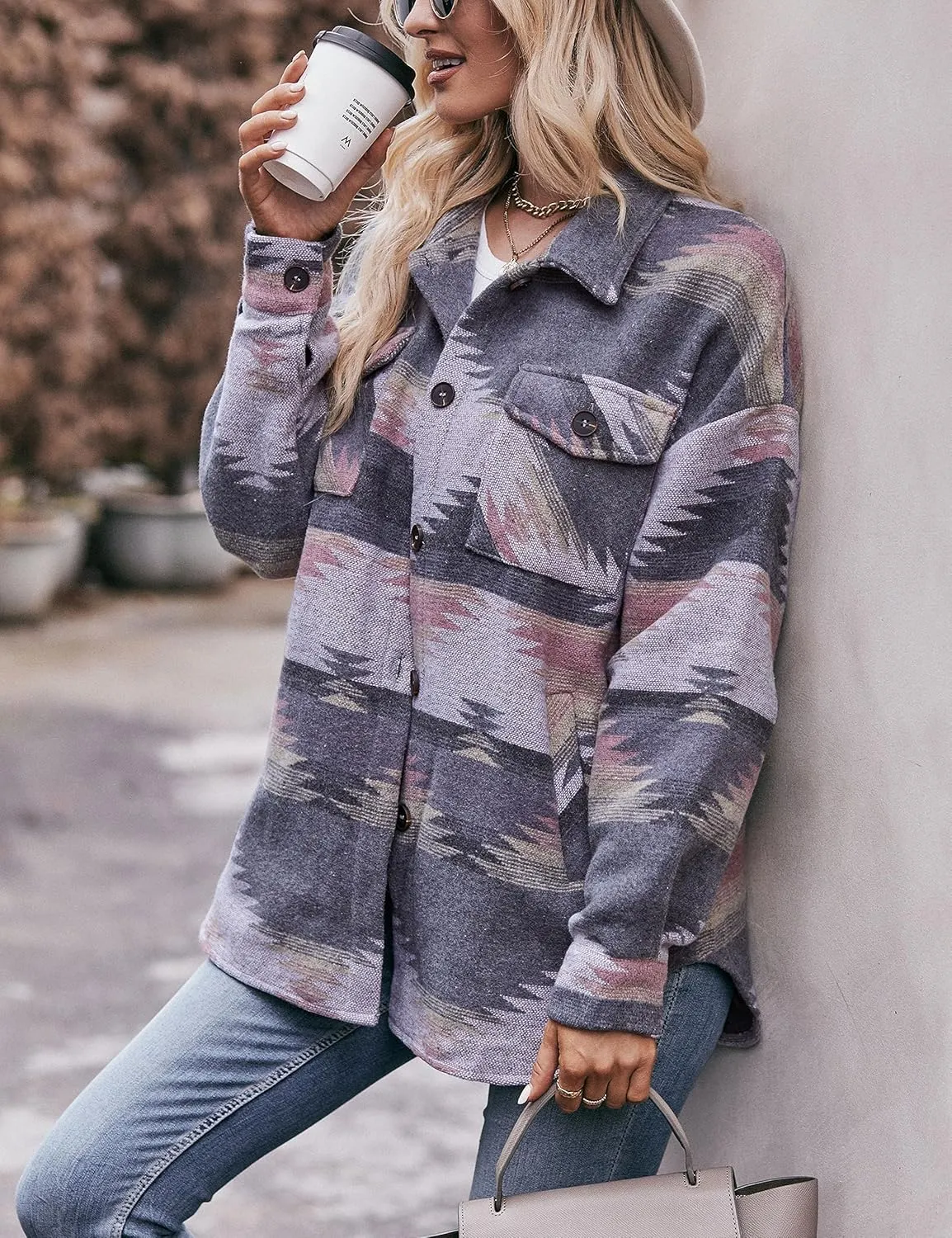 Wanzetaly Womens Aztec Shacket Jacket Wool Blend Vintage Button Down Long Sleeve Shirts Coat
