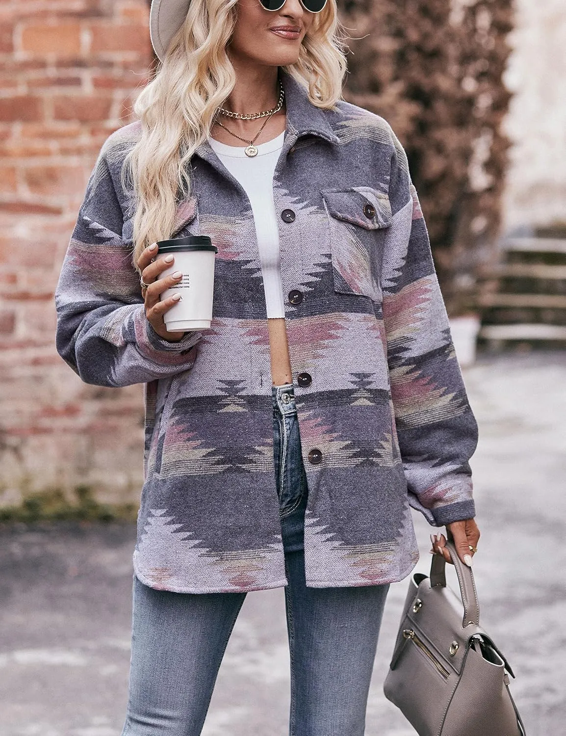 Wanzetaly Womens Aztec Shacket Jacket Wool Blend Vintage Button Down Long Sleeve Shirts Coat