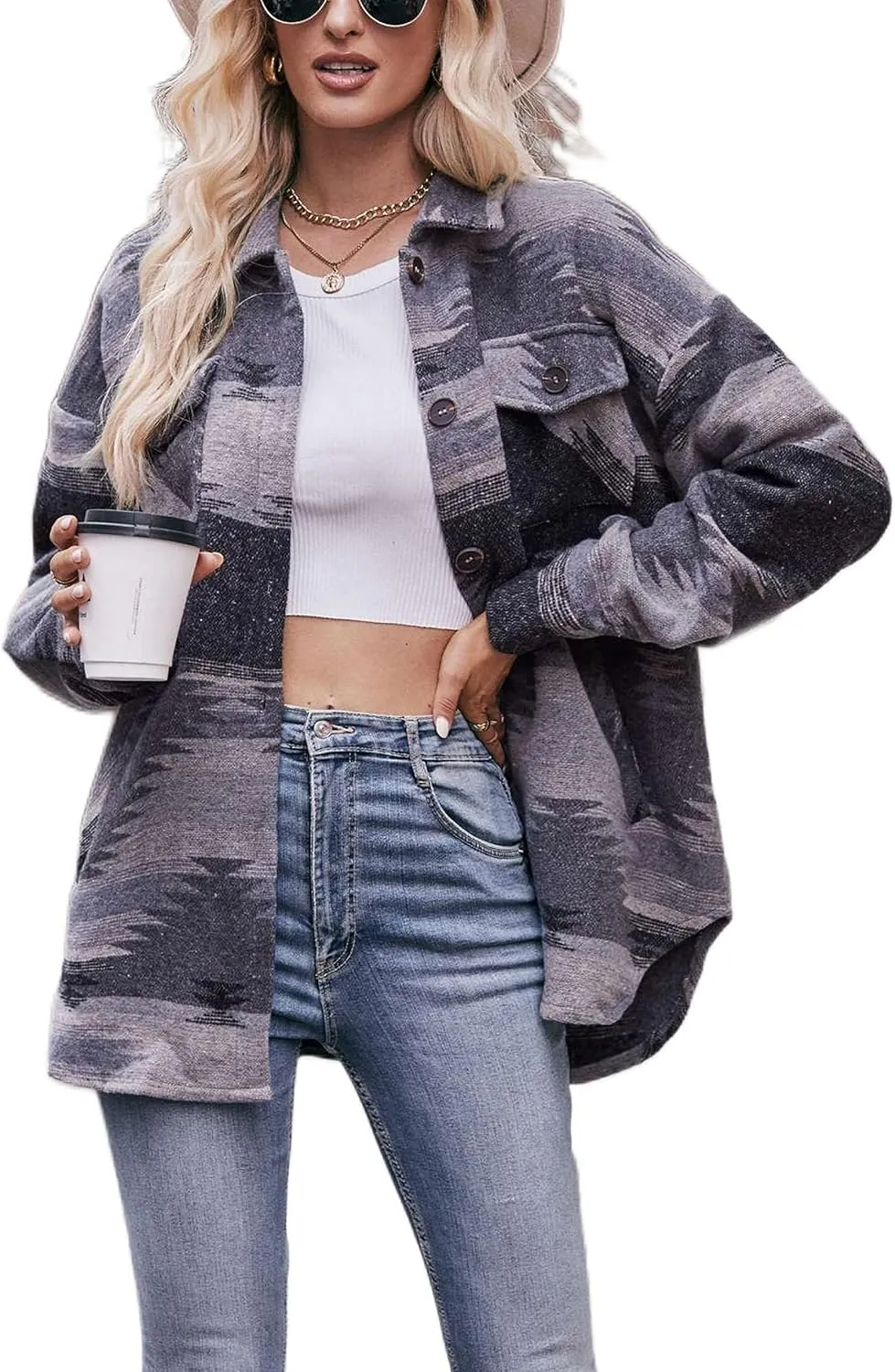 Wanzetaly Womens Aztec Shacket Jacket Wool Blend Vintage Button Down Long Sleeve Shirts Coat