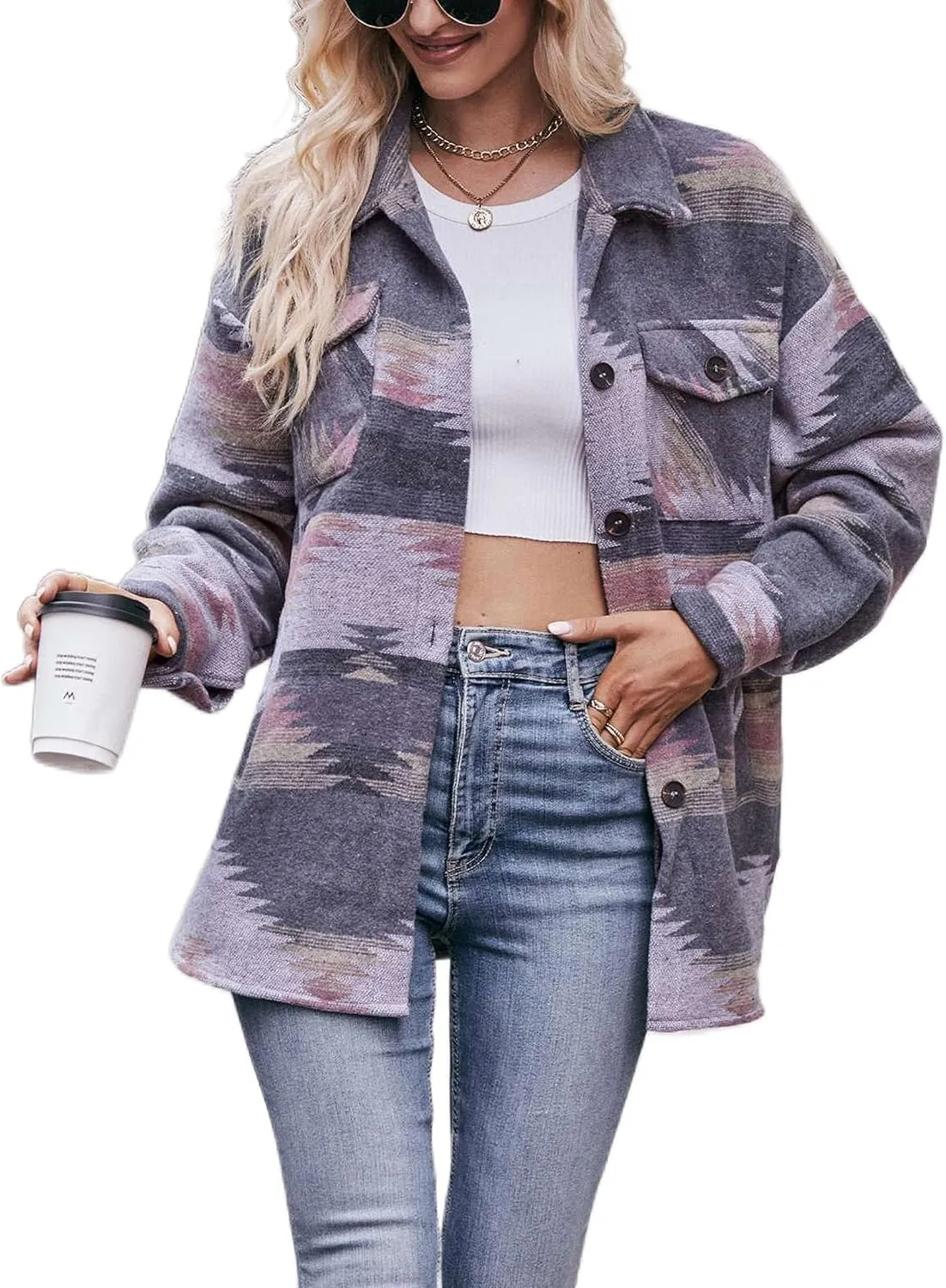 Wanzetaly Womens Aztec Shacket Jacket Wool Blend Vintage Button Down Long Sleeve Shirts Coat