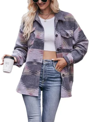 Wanzetaly Womens Aztec Shacket Jacket Wool Blend Vintage Button Down Long Sleeve Shirts Coat