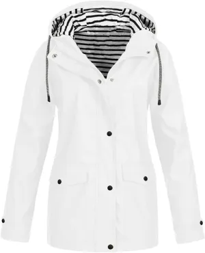 Waterproof Rain Jacket for Women Solid Stripe Hooded Windbreaker Lightweight Windproof Packable Pockets Rain Coat