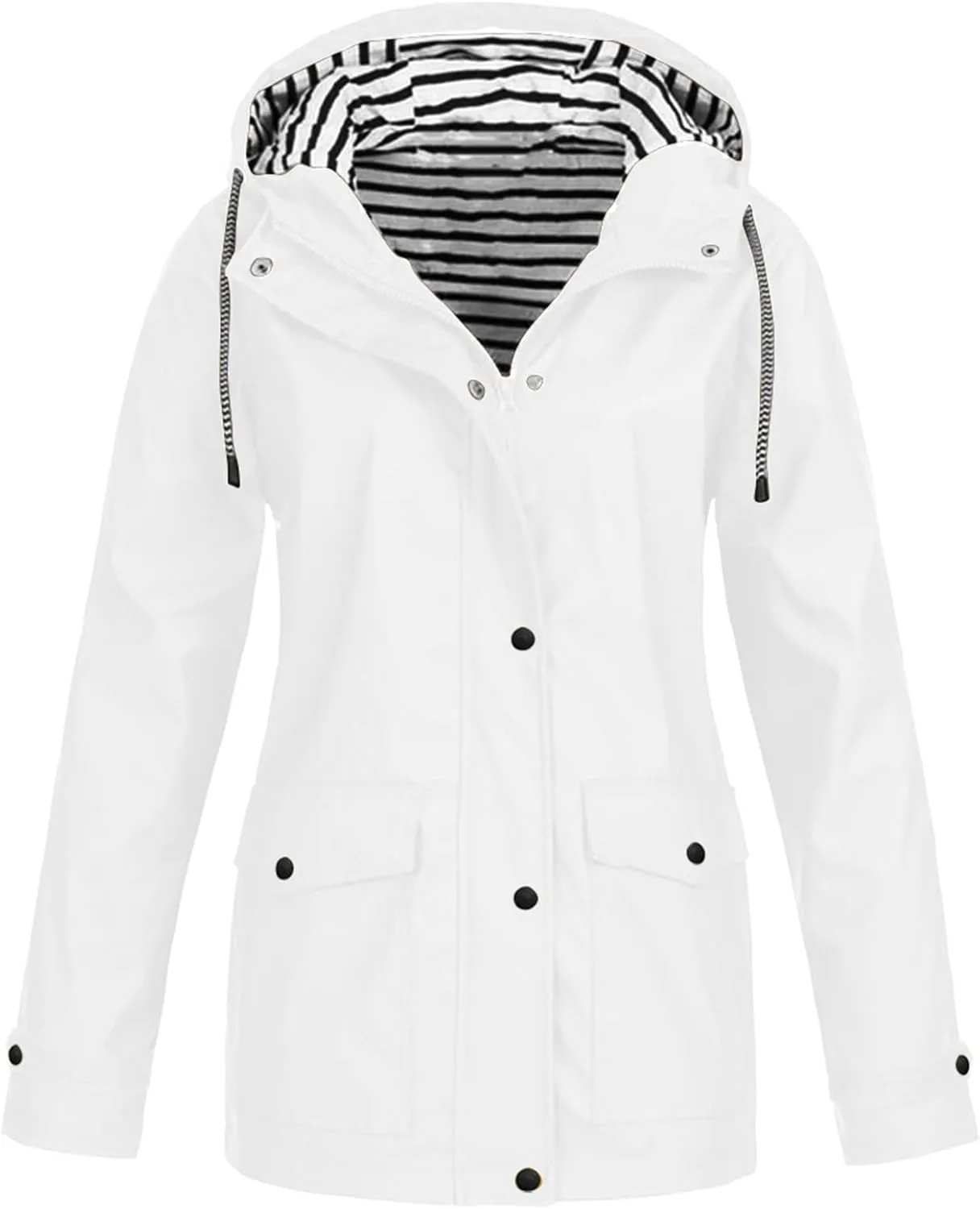 Waterproof Rain Jacket for Women Solid Stripe Hooded Windbreaker Lightweight Windproof Packable Pockets Rain Coat