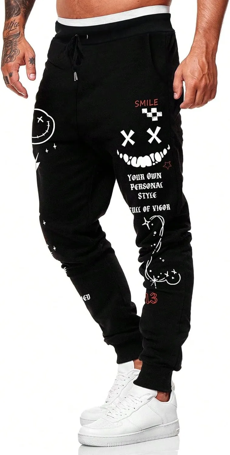 WDIRARA Men's Graphic Print Knot Front Sweatpants Drawstring Elastic Waist Trousers with Pockets