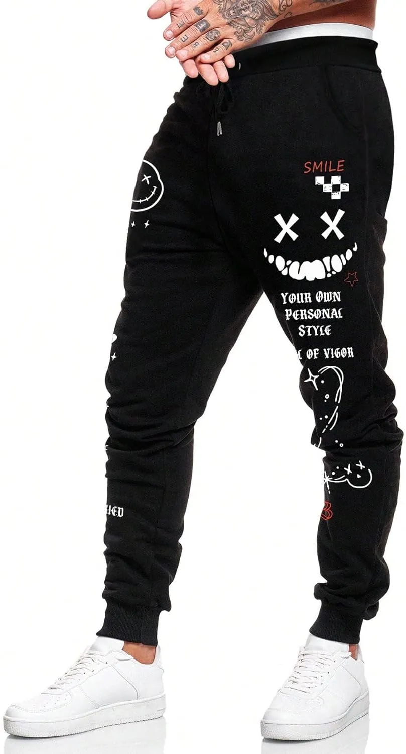 WDIRARA Men's Graphic Print Knot Front Sweatpants Drawstring Elastic Waist Trousers with Pockets