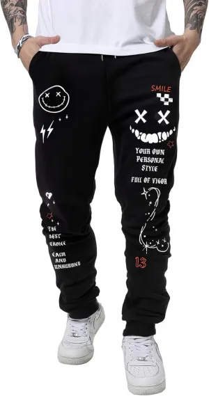 WDIRARA Men's Graphic Print Knot Front Sweatpants Drawstring Elastic Waist Trousers with Pockets