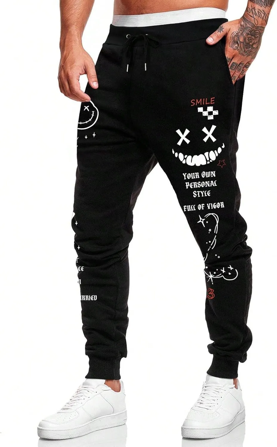 WDIRARA Men's Graphic Print Knot Front Sweatpants Drawstring Elastic Waist Trousers with Pockets