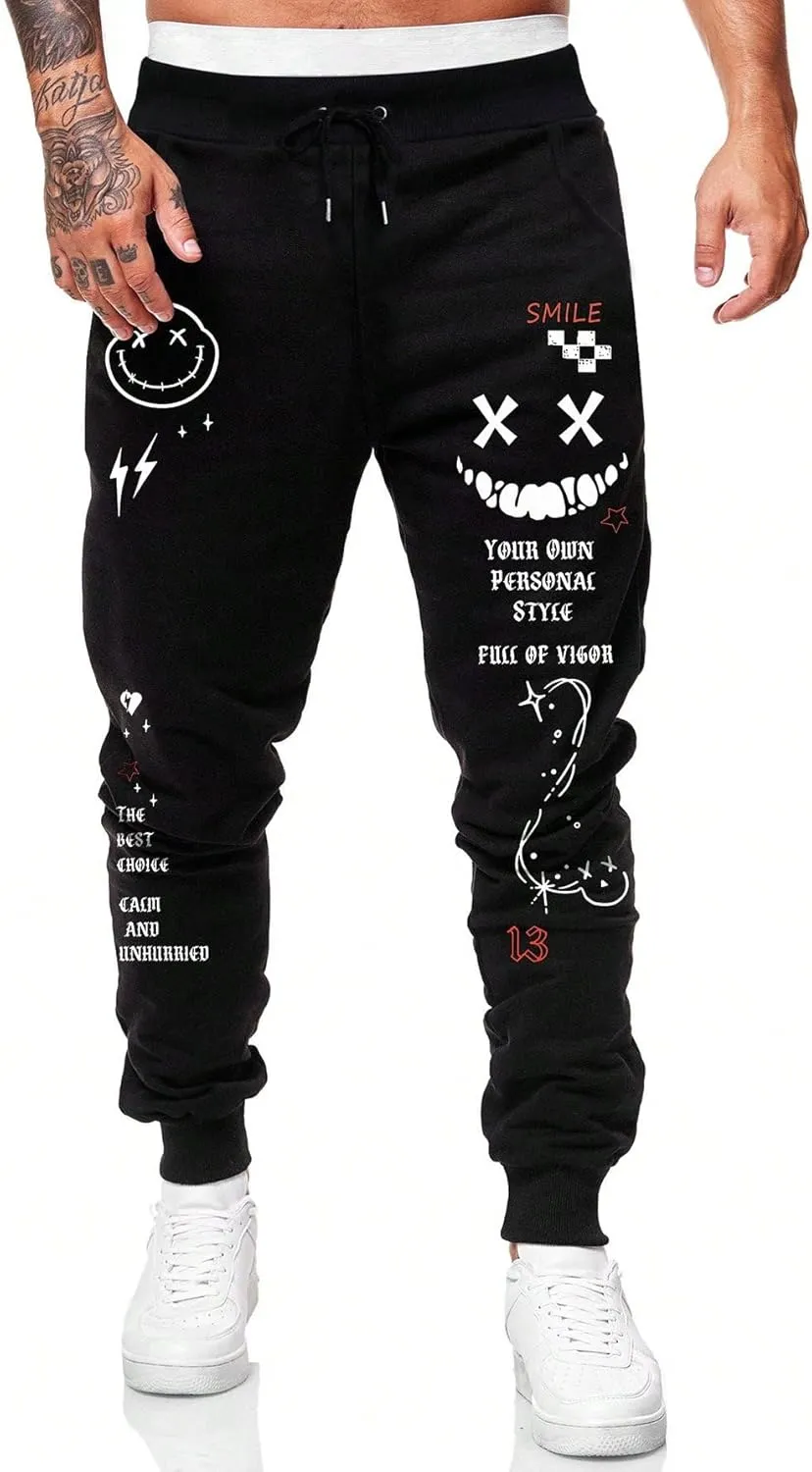 WDIRARA Men's Graphic Print Knot Front Sweatpants Drawstring Elastic Waist Trousers with Pockets