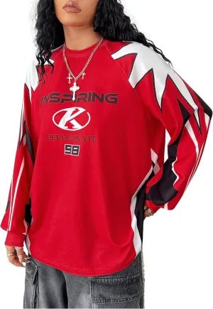 WDIRARA Women's Baggy Jersey Shirts Y2k Oversized Letter Graphic Tees Crewneck Long Sleeve T Shirt Tops
